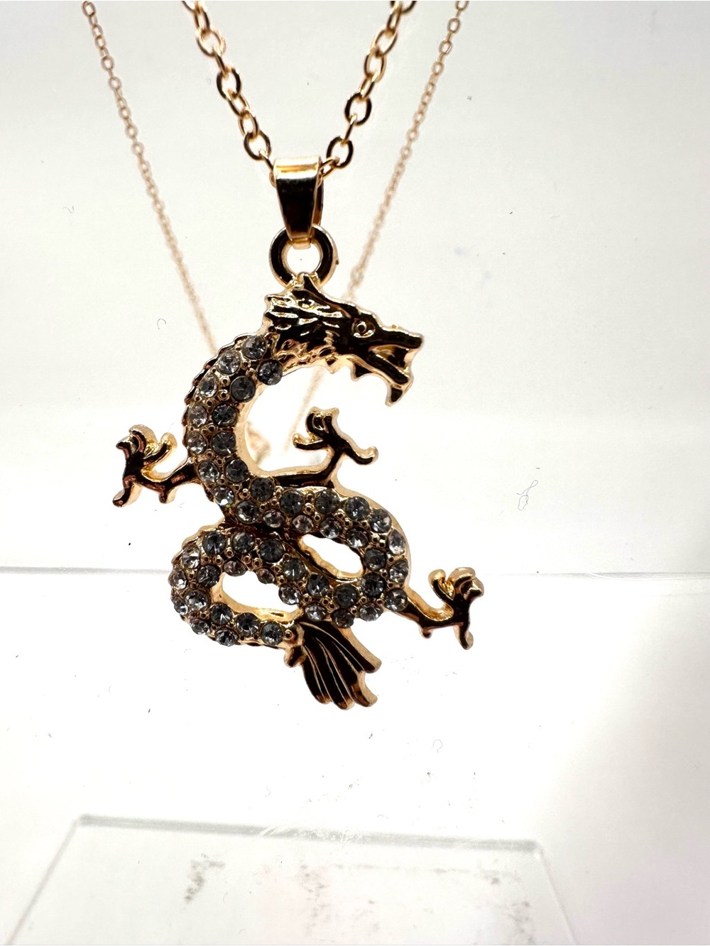 Fashion: Gold Dragon Pendant Necklace with Clear Crystals